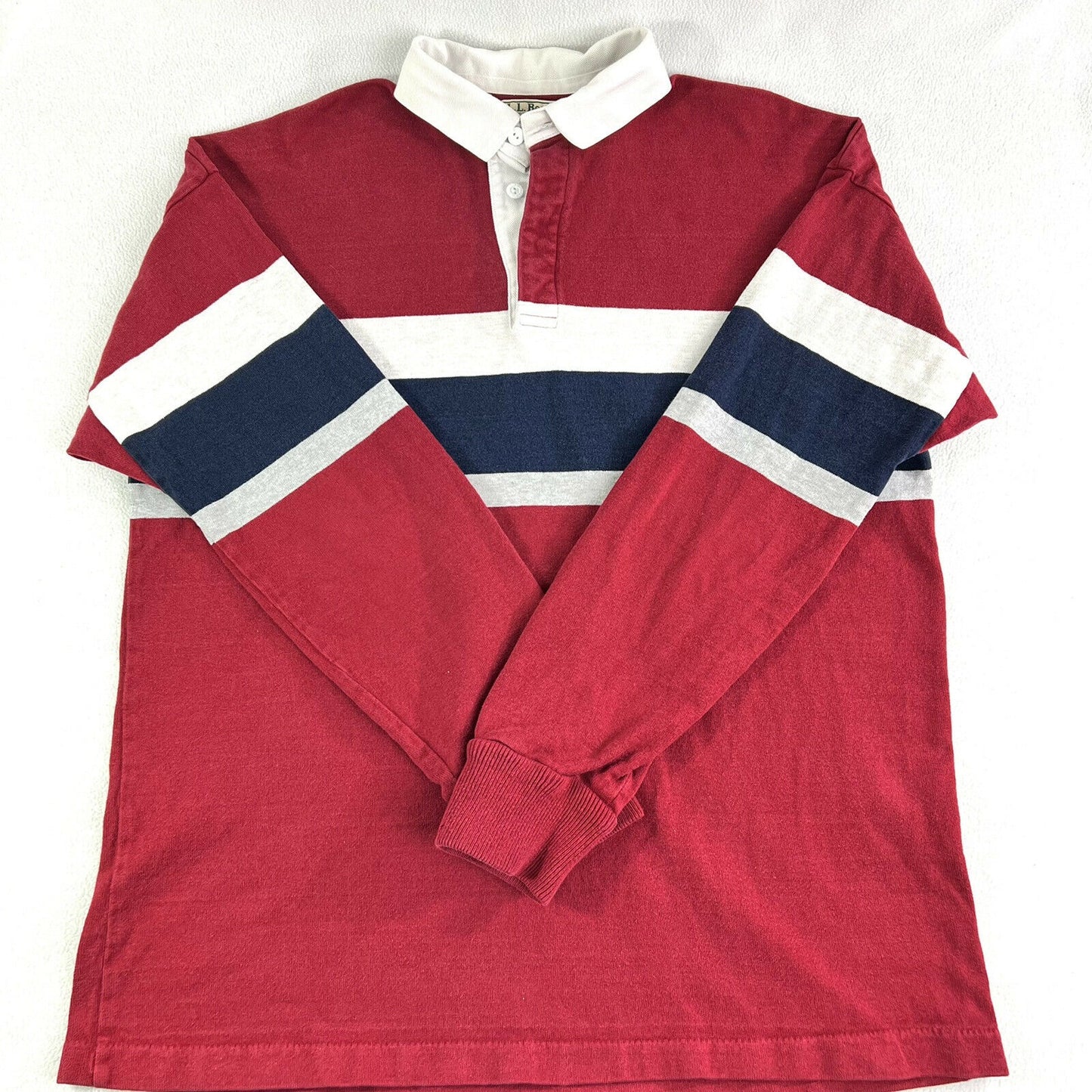 L.L. Bean Men’s L Made In USA Rugby Red Jersey With Blue White Stripe Collar