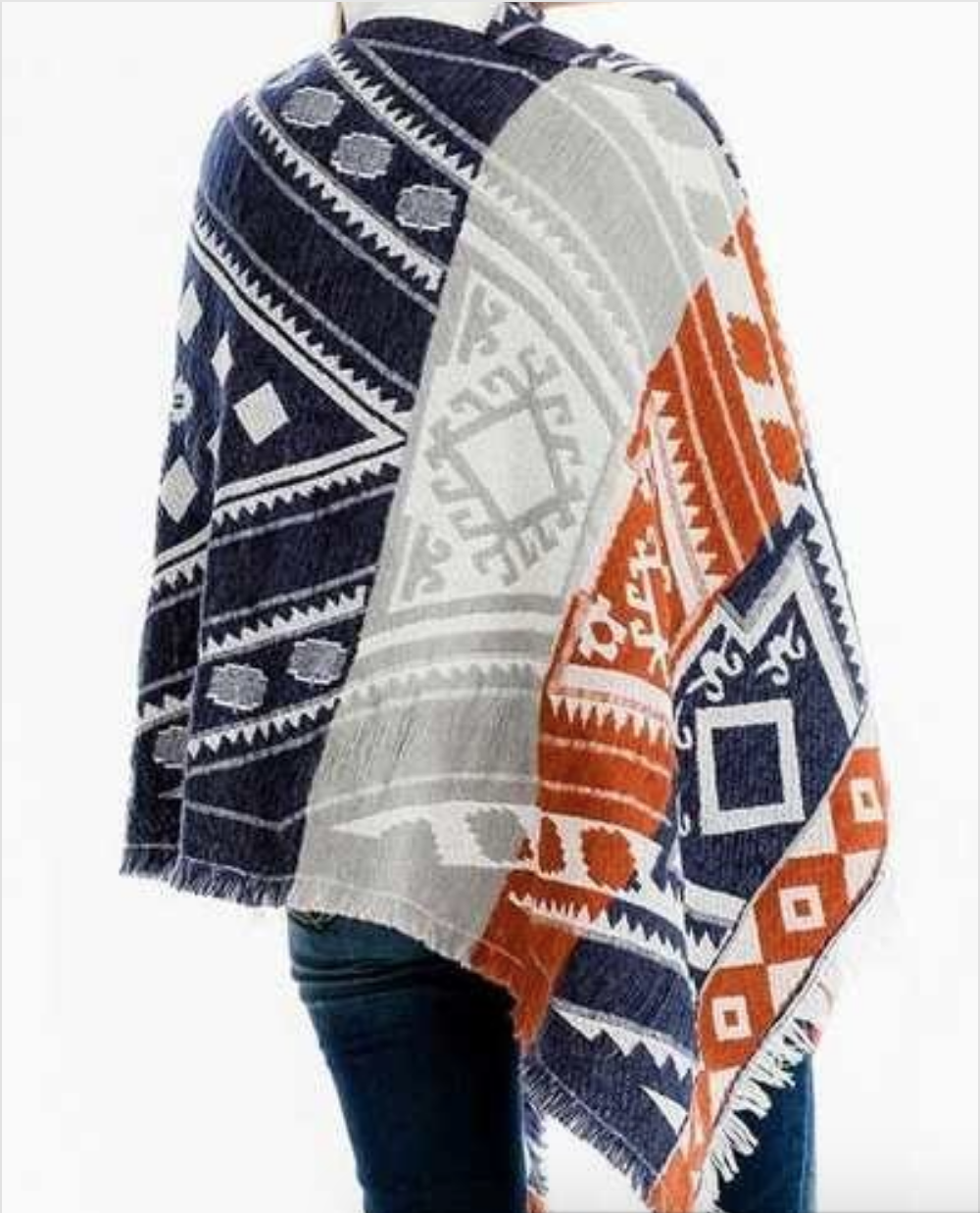 Aztec Jacquard Fringe Poncho - NEW