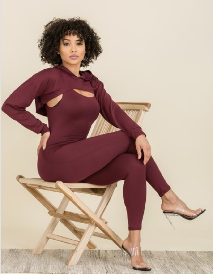One Piece BodyCon Jumpsuit with Crop Top Hoodie