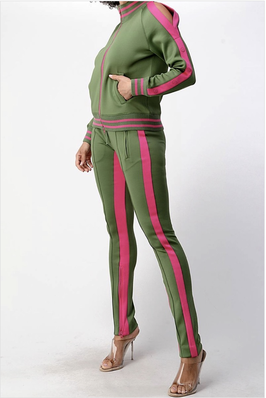 PEEK-A-BOO SHOULDER TRACKSUIT (OLIVE)