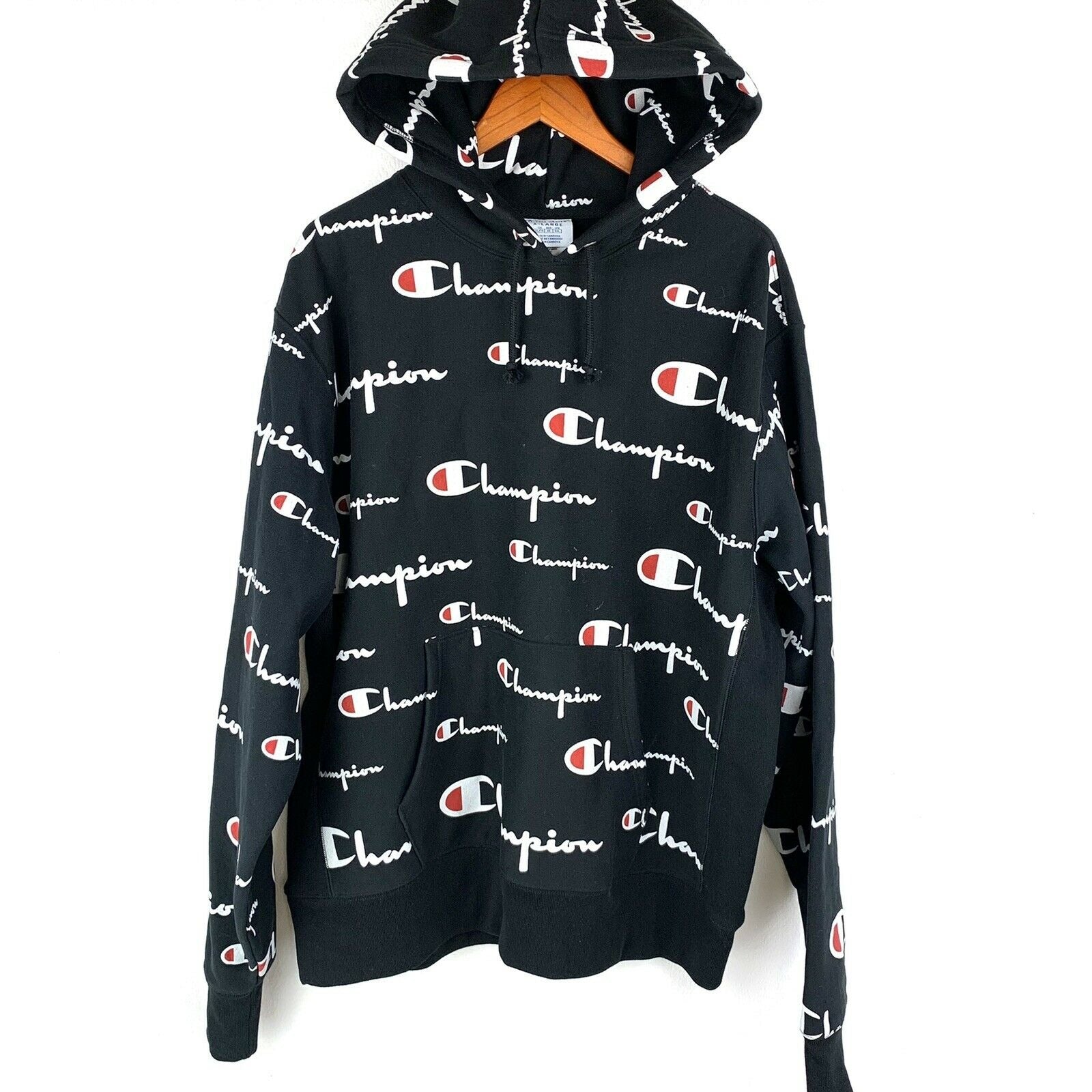 Champion Reverse Weave All Over Print Script Hoodie Black Men's Sz