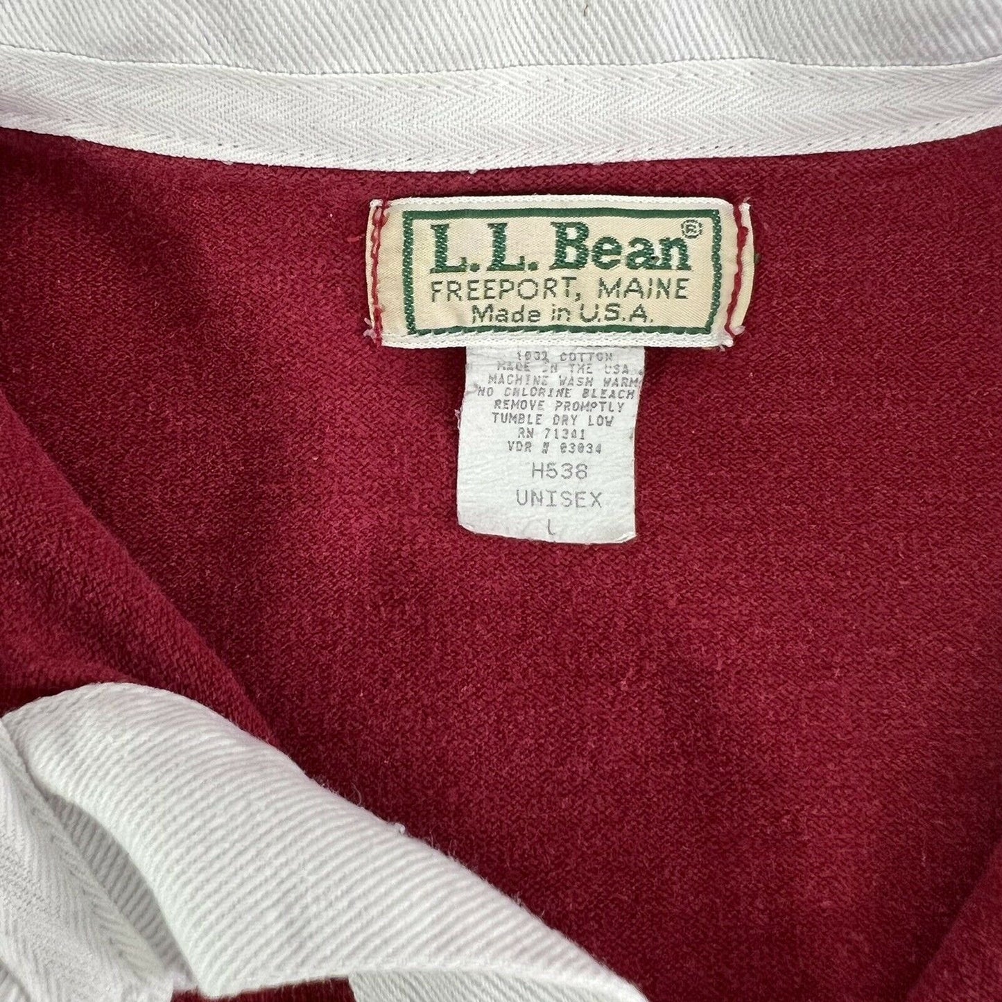 L.L. Bean Men’s L Made In USA Rugby Red Jersey With Blue White Stripe Collar
