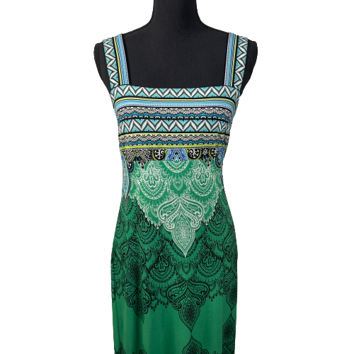 Roz & Ali Size 6 Green Paisley Print Wide-strap Square Neck Maxi Tank Dress
