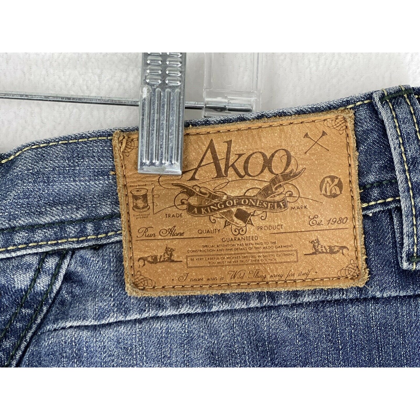 Akoo Jeans for Men Size 38/33, Distressed Blue, Camouflaged Waist, Six Pockets