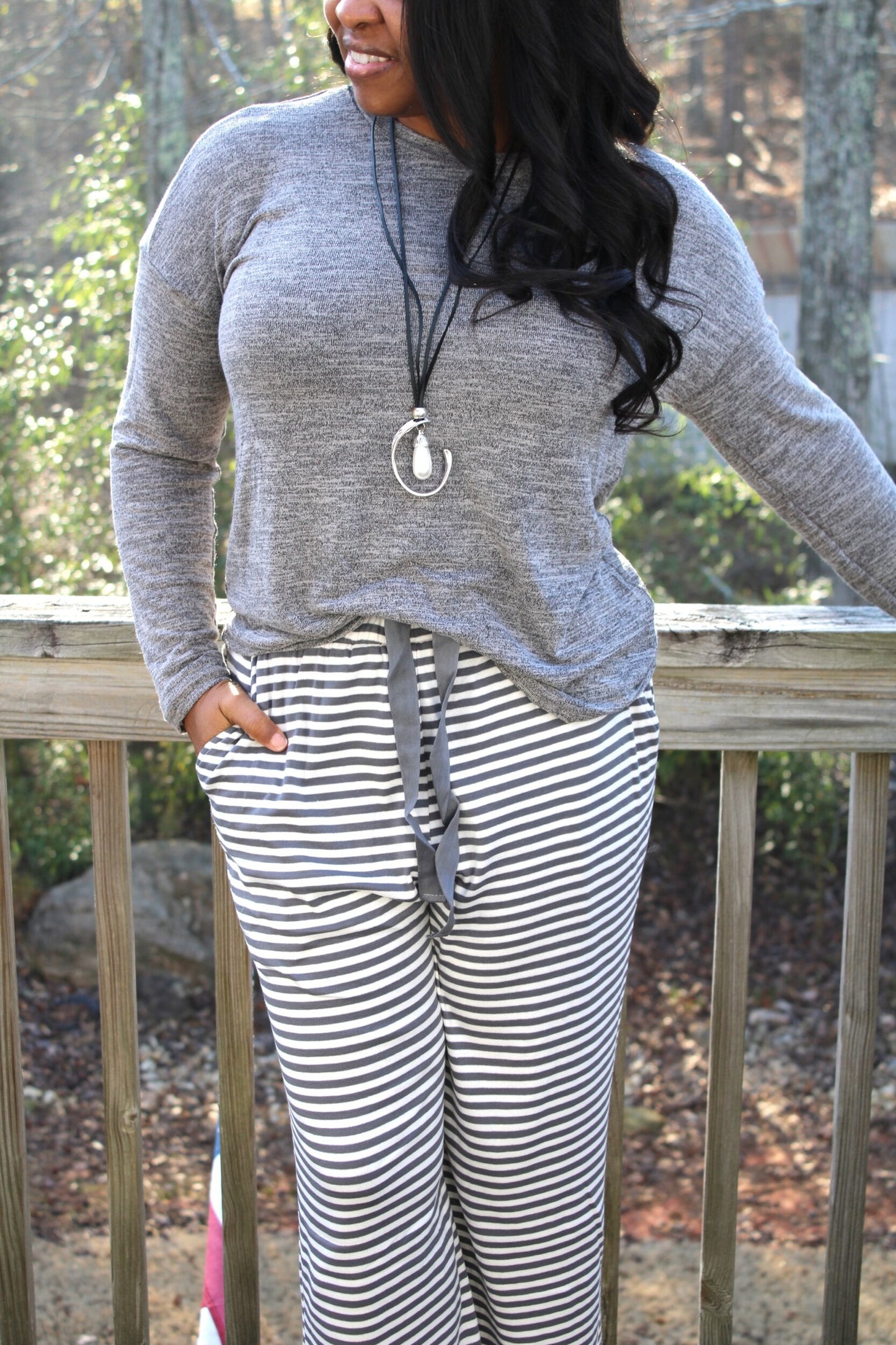 2 Piece Grey Wide Leg Striped Lounge Set