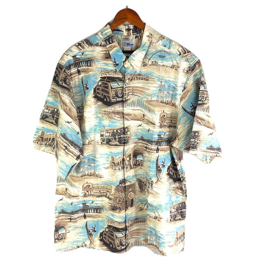 REYN SPOONER Surfer Camp Shirt Men's XXL Tan/Blue Designed In Hawaii USA