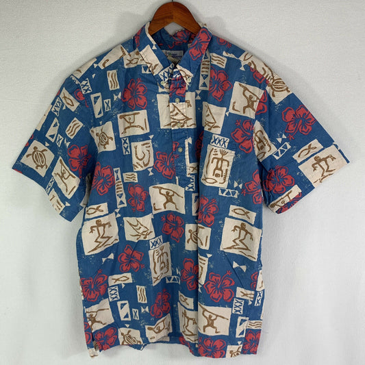 Reyn Spooner Camp Shirt, Tunic. Aztec Inspired 3-Button Collar Men’s 2XL Blue