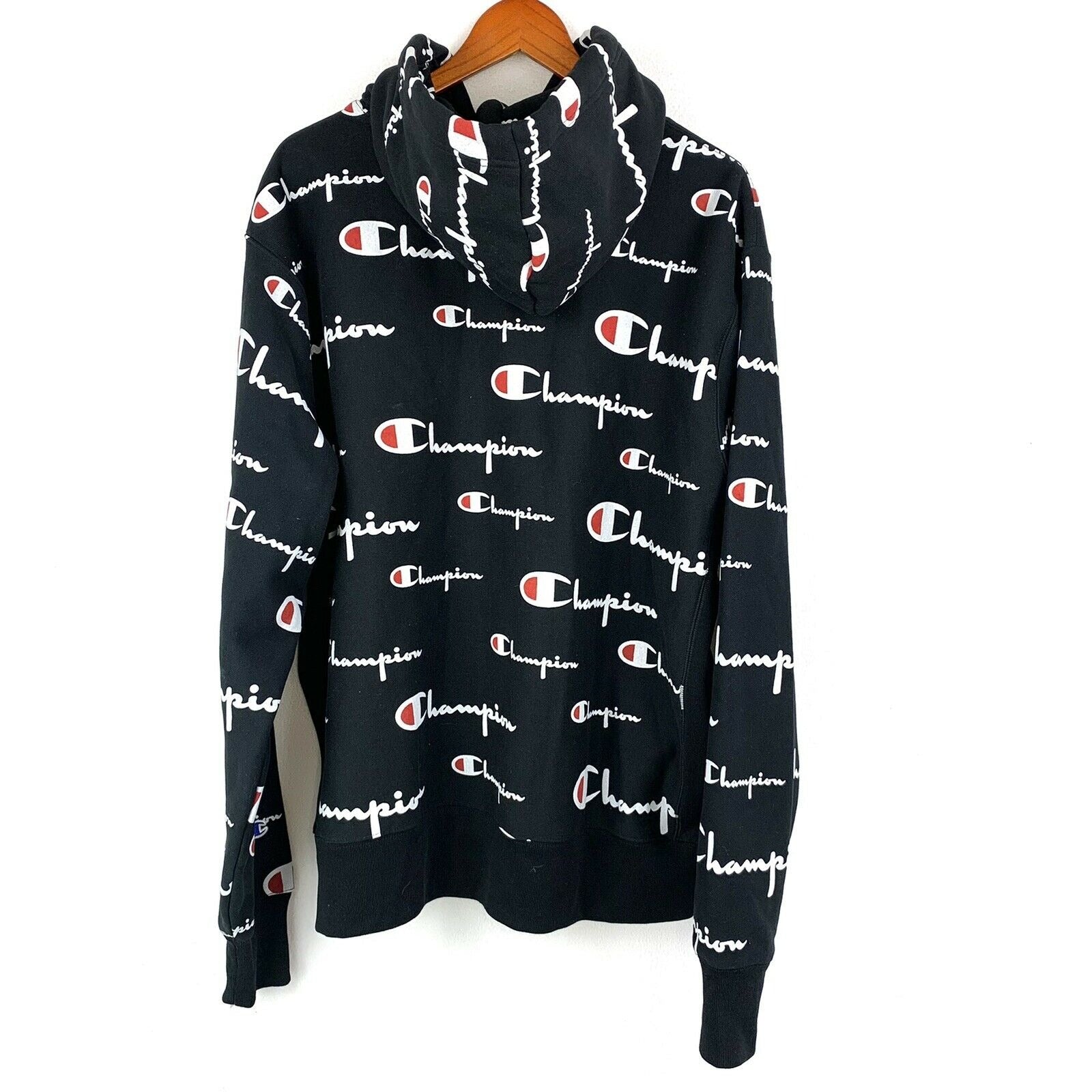 Champion Reverse Weave All Over Print Script Hoodie Black Men s Sz. XL Second Hand Stitch