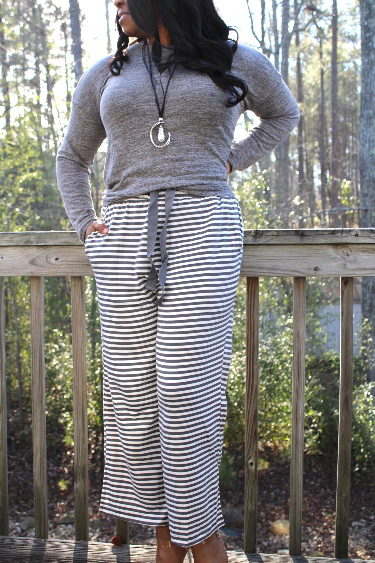 2 Piece Grey Wide Leg Striped Lounge Set