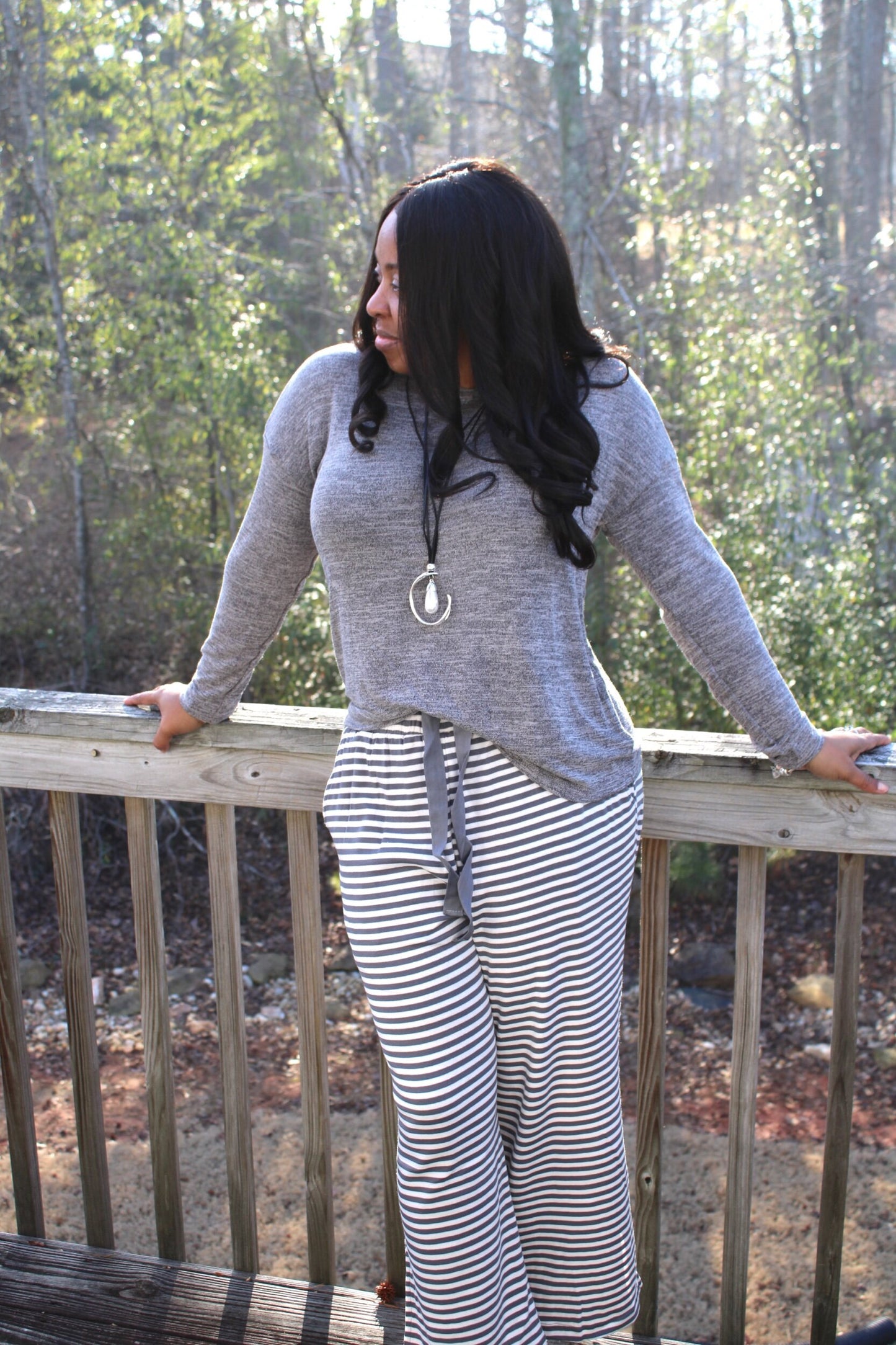 2 Piece Grey Wide Leg Striped Lounge Set