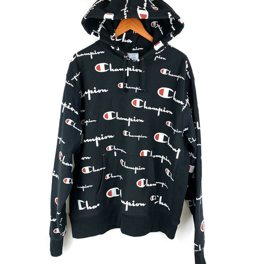 Champion Reverse Weave All Over Print Script Hoodie Black Men's Sz. XL